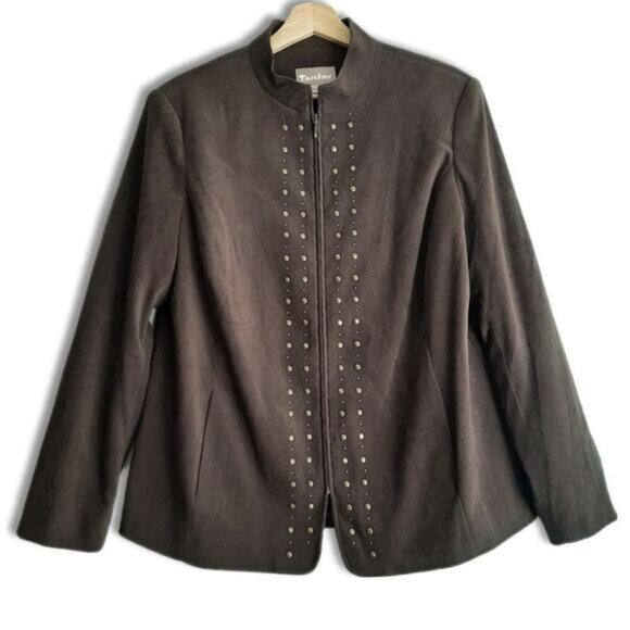 TANJAY / Faux Suede Full-Zip Jacket Blazer Studded Details Brown Sz M - Picture 1 of 12